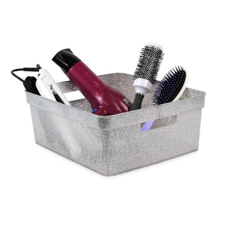 Isaac Jacobs Medium Glitter Storage Bin (14” x 11.5” x 5.5”) Set w/Cut-Out Handles, Plastic Organizer, Multi-Functional, Home Storage Solution, Kids Playroom, Bedroom, Closet