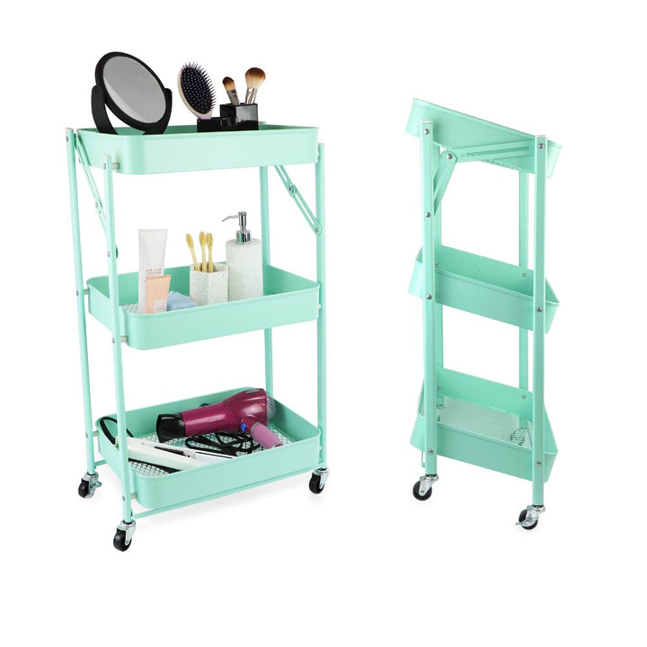 Isaac Jacobs 3-Tier Rolling Cart, Foldable Mobile Storage Organizer with Caster Wheels, Lightweight Multi-Purpose Metal Utility Cart for Office, Kitchen, Bathroom, Bedroom