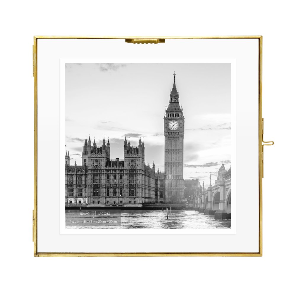 Isaac Jacobs Vintage Style Brass and Glass Hanging Picture Frame, Wall-Mountable, Floating Picture Frame w/ Locket Closure, for Photos, Wall Décor, Art, &amp; More
