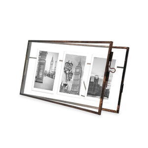 Isaac Jacobs 3-Photo Vintage Style Glass and Metal Floating Picture Frame (Horizontal) w/ Locket Closure; (Fits 3 2x3 photos) for Photos, Art, & More, Tabletop Display