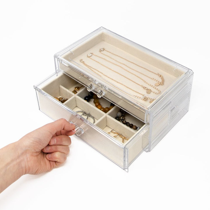 Isaac Jacobs Clear Acrylic 2-Drawer Jewelry Organizer (9.25” x 5.4” x 4.25”) w/ Velvet Lining, Stackable Storage Box For Necklaces, Bracelets, Earrings, Watches &amp; Rings, Tabletop Display Case