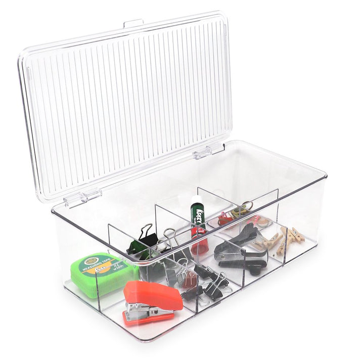 Isaac Jacobs Divided Clear Plastic Organizer (10.75” x 6.5” x 3.7”) w/ Hinged Lid, Stackable Storage Box for Tea Bags, Crafts, Office Supplies, Cosmetics, Jewelry, BPA-Free, Food Safe Pantry Container