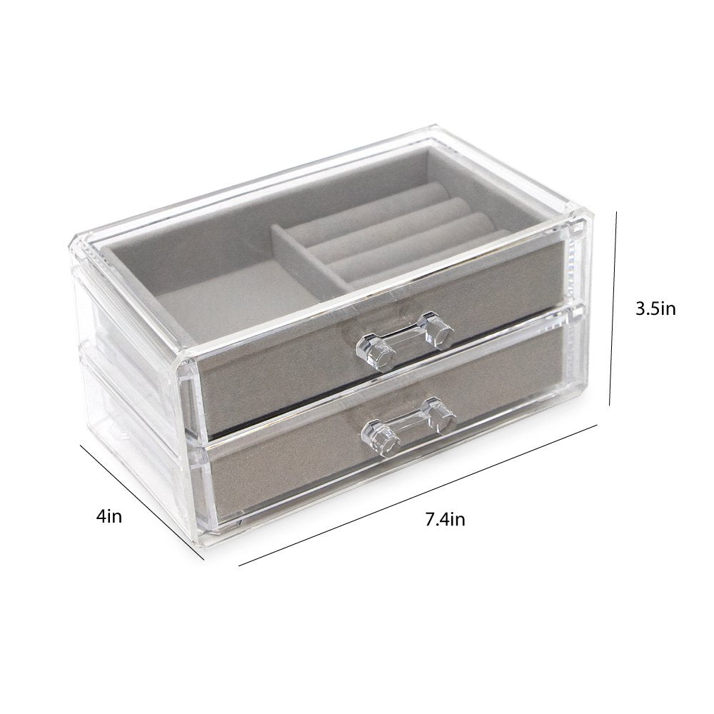 Isaac Jacobs Clear Acrylic 2-Drawer Jewelry Organizer (7.4” x 4.5” x 3.5”) w/ Velvet Lining, Stackable Storage Box For Rings, Necklaces, Bracelets, Earrings &amp; Watches, Tabletop Display Case
