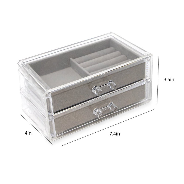 Isaac Jacobs Clear Acrylic 2-Drawer Jewelry Organizer (7.4” x 4.5” x 3.5”) w/ Velvet Lining, Stackable Storage Box For Rings, Necklaces, Bracelets, Earrings &amp; Watches, Tabletop Display Case
