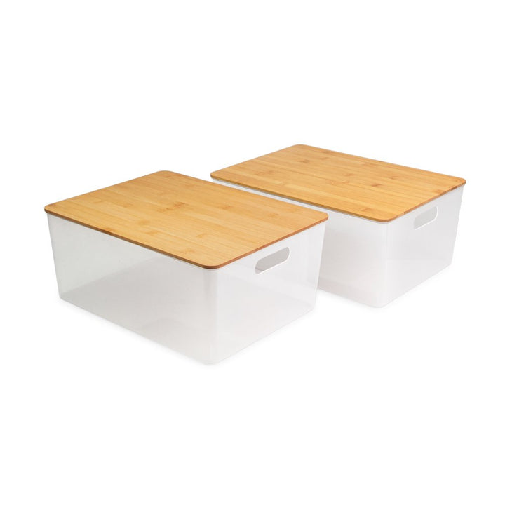 Isaac Jacobs 2-Pack Storage Bin Set w/ Cut-Out Handles and Bamboo Lid, Plastic Organizers for Home, Pantry, Kitchen, Closet, Office, Home Décor, BPA Free, Food Safe