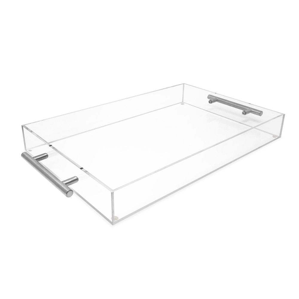 Isaac Jacobs Clear Acrylic Serving Tray with Metal Handles, Spill-Proof, Stackable Organizer, Space-Saver, Food &amp; Drinks Server, Indoors/Outdoors, Lucite Storage Décor &amp; More