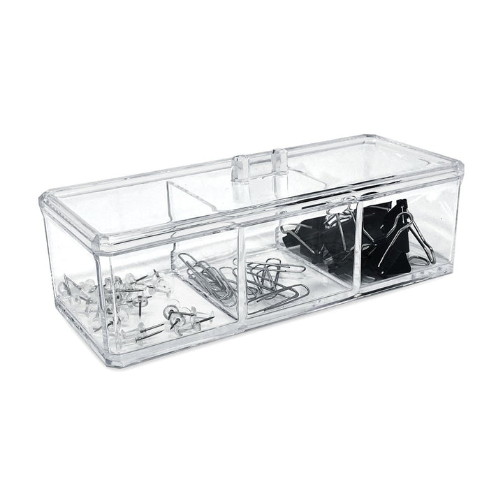 Isaac Jacobs 3-Compartment Clear Acrylic Rectangular Stackable Organizer with Lid, Multi-Sectional Drawer Tray, Storage Solution for Makeup, Craft Supplies, for Bathroom, Kitchen, Office