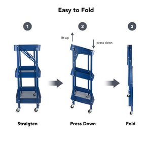 Isaac Jacobs 3-Tier Rolling Cart, Foldable Mobile Storage Organizer with Caster Wheels, Lightweight Multi-Purpose Metal Utility Cart for Office, Kitchen, Bathroom, Bedroom