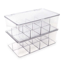 Isaac Jacobs Divided Clear Plastic Organizer (10.75” x 6.5” x 3.7”) w/ Hinged Lid, Stackable Storage Box for Tea Bags, Crafts, Office Supplies, Cosmetics, Jewelry, BPA-Free, Food Safe Pantry Container