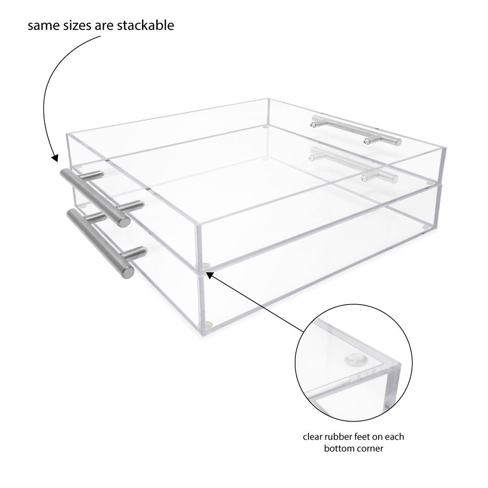 Isaac Jacobs Clear Acrylic Serving Tray with Metal Handles, Spill-Proof, Stackable Organizer, Space-Saver, Food &amp; Drinks Server, Indoors/Outdoors, Lucite Storage Décor &amp; More