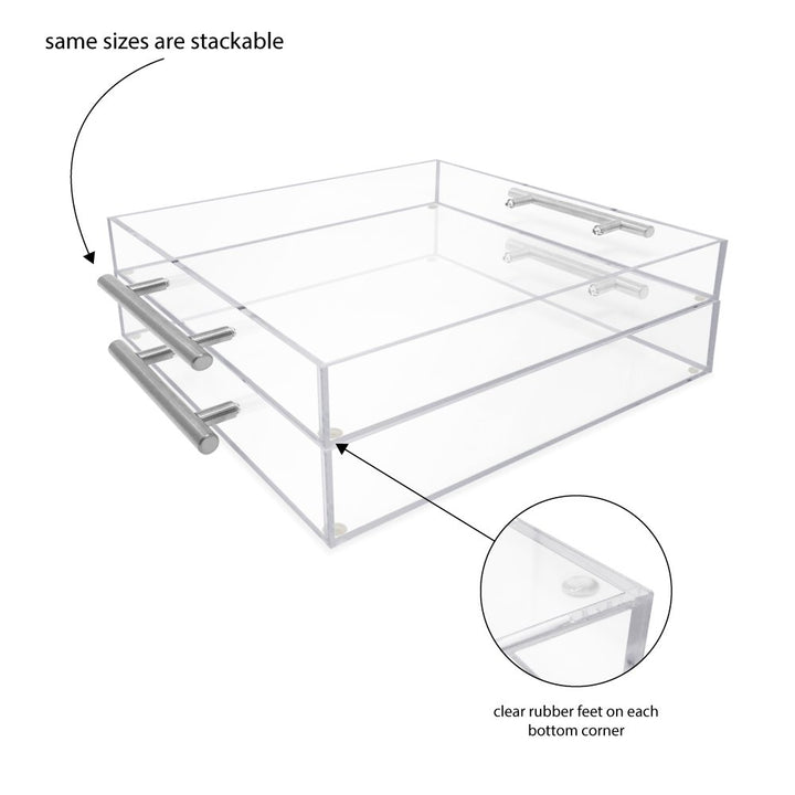 Isaac Jacobs Clear Acrylic Serving Tray with Metal Handles, Spill-Proof, Stackable Organizer, Space-Saver, Food &amp; Drinks Server, Indoors/Outdoors, Lucite Storage Décor &amp; More
