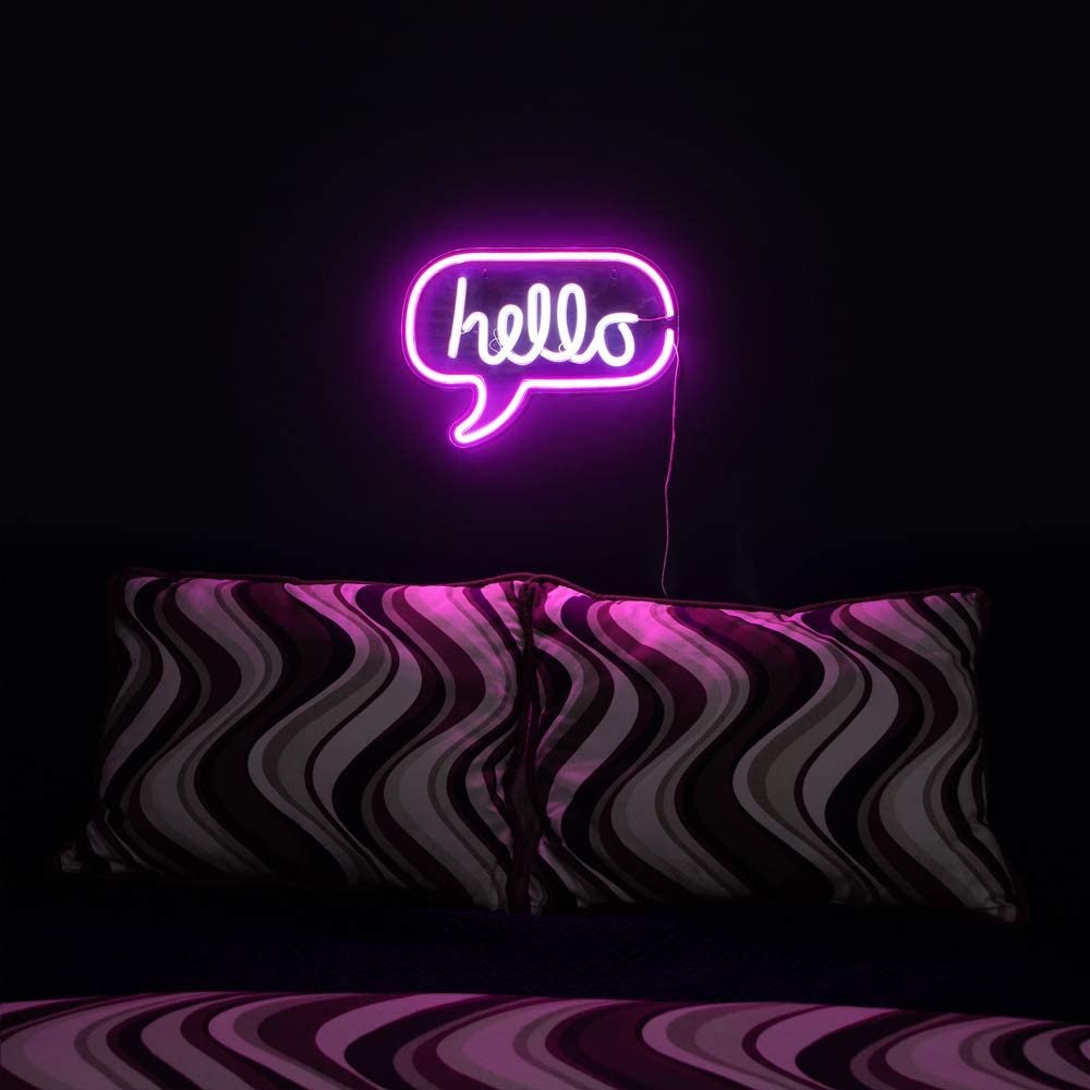 Isaac Jacobs 17 x 12 inch LED Neon 'White & Pink Hello Word Bubble' Wall Sign for Cool Light, Wall Art, Bedroom Decorations, Home Accessories