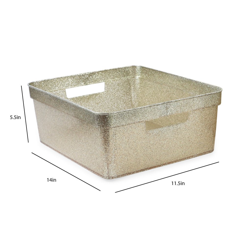 Isaac Jacobs Medium Glitter Storage Bin (14” x 11.5” x 5.5”) Set w/Cut-Out Handles, Plastic Organizer, Multi-Functional, Home Storage Solution, Kids Playroom, Bedroom, Closet
