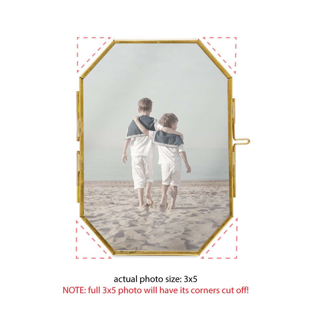 Isaac Jacobs Vintage Style Octagon Brass &amp; Glass, Metal Floating Picture Frame with Locket Closure, Tabletop Display