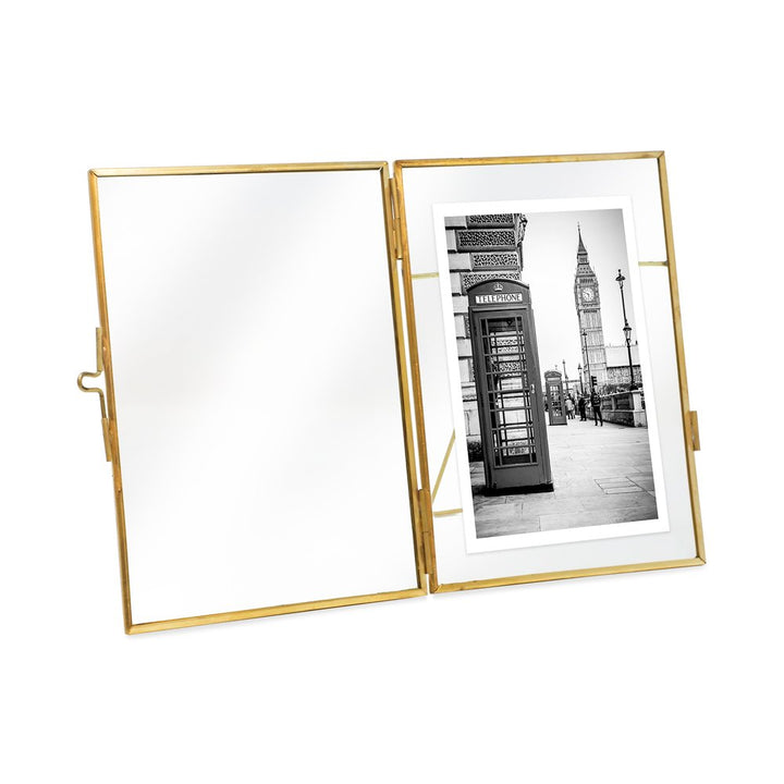 Isaac Jacobs (2-Pack) Vintage Style Brass and Glass, Metal Floating Picture Frame with Locket Closure, for Photos, Art, &amp; More, Tabletop Display