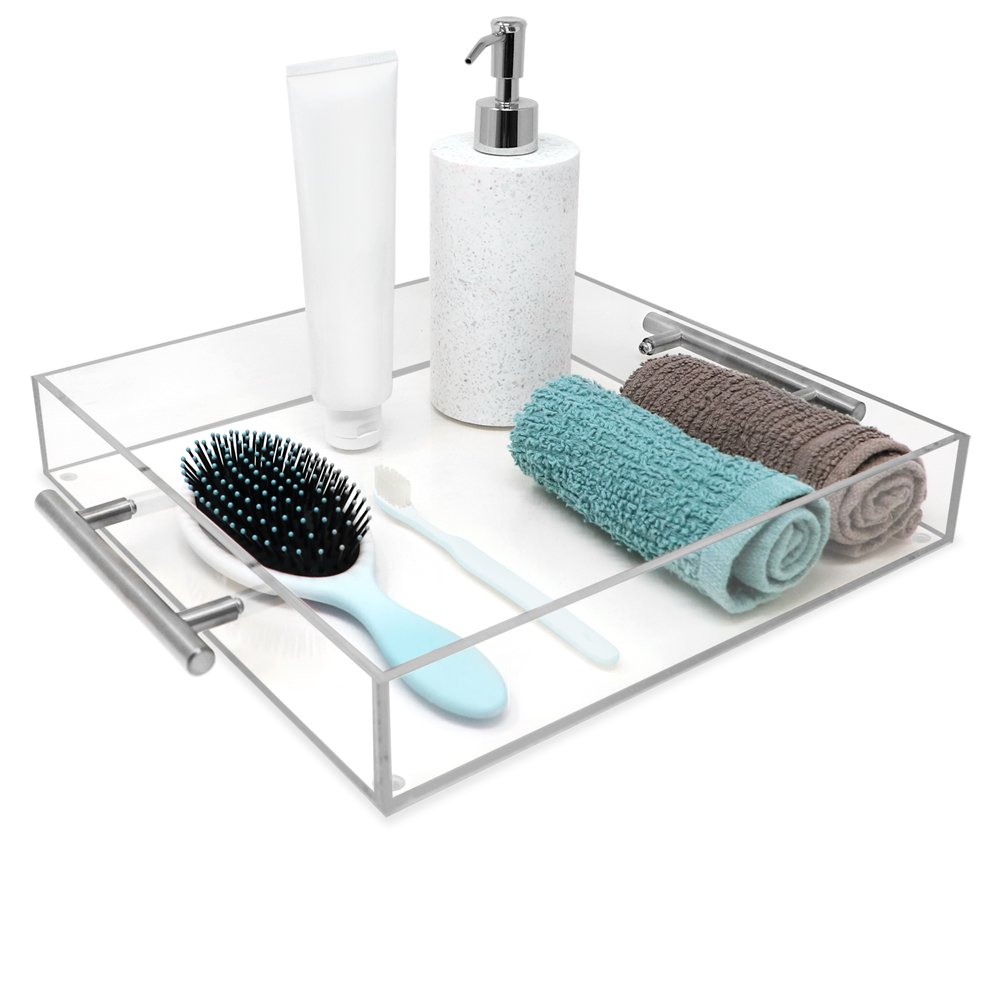 Isaac Jacobs Clear Acrylic Serving Tray with Metal Handles, Spill-Proof, Stackable Organizer, Space-Saver, Food &amp; Drinks Server, Indoors/Outdoors, Lucite Storage Décor &amp; More