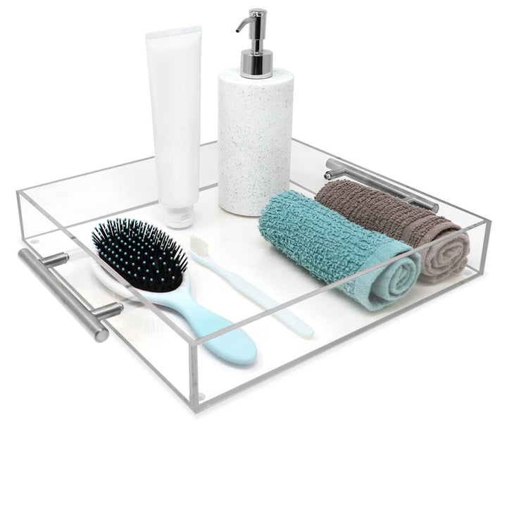Isaac Jacobs Clear Acrylic Serving Tray with Metal Handles, Spill-Proof, Stackable Organizer, Space-Saver, Food &amp; Drinks Server, Indoors/Outdoors, Lucite Storage Décor &amp; More