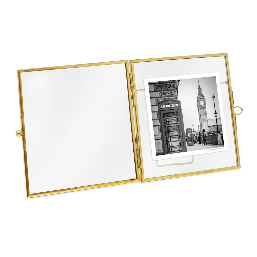 Isaac Jacobs Vintage Style Brass and Glass, Metal Floating Desk Photo Frame with Locket Bead Clasp Closure for Pictures Art, More