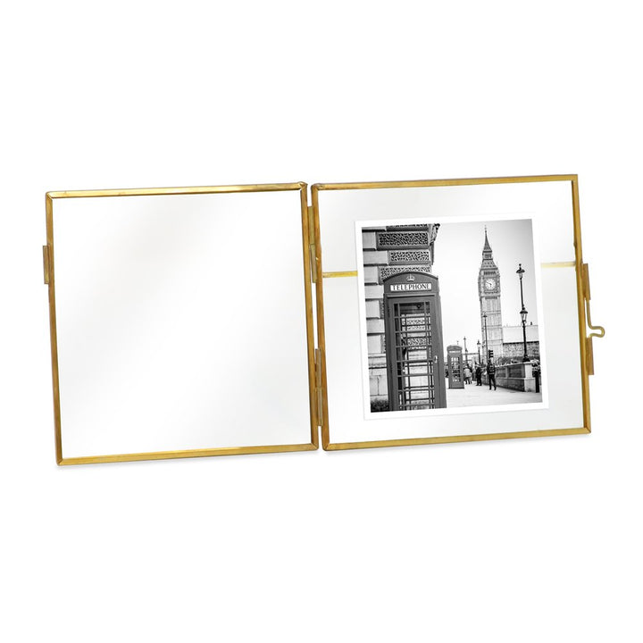 Isaac Jacobs (2-Pack) Vintage Style Brass and Glass, Metal Floating Picture Frame with Locket Closure, for Photos, Art, &amp; More, Tabletop Display