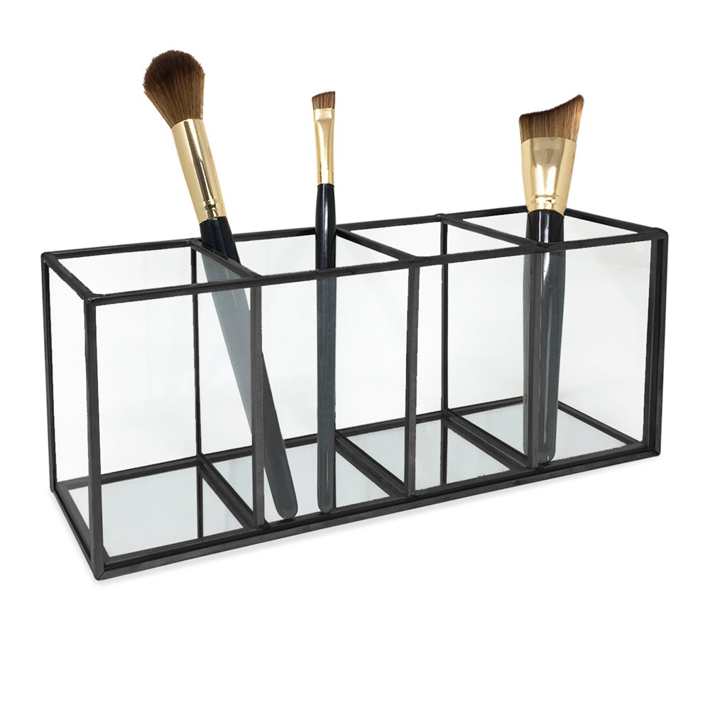 Isaac Jacobs 4-Compartment Organizer- Makeup Brush Holder- Vintage Style Brass and Glass Storage Solution with Mirror Base- Office, Bathroom, Kitchen Supplies and More