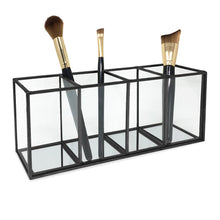 Isaac Jacobs 4-Compartment Organizer- Makeup Brush Holder- Vintage Style Brass and Glass Storage Solution with Mirror Base- Office, Bathroom, Kitchen Supplies and More