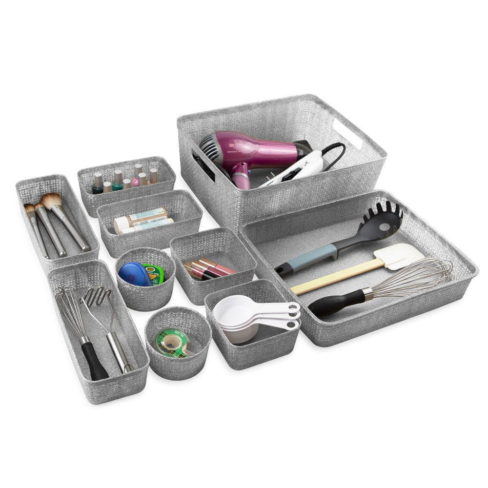 Isaac Jacobs Glitter Plastic Organizer Set w/Cut-Out Handles, Multi-Functional Home Storage, Desk, Office, Bathroom, Bedroom, Closet, Playroom