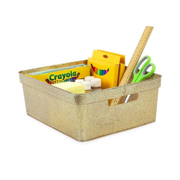 Isaac Jacobs Medium Glitter Storage Bin (14” x 11.5” x 5.5”) Set w/Cut-Out Handles, Plastic Organizer, Multi-Functional, Home Storage Solution, Kids Playroom, Bedroom, Closet