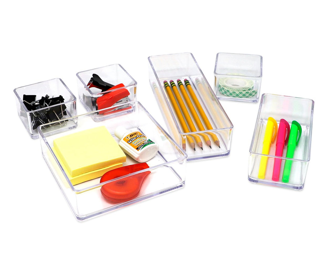 Isaac Jacobs 6-Tray Clear Acrylic Organizer Set, (Six Individual Trays), Multi-Purpose, Stackable Storage Solution for Makeup, Crafts, Desk, School, Office Supplies &amp; More, for Bathroom, Kitchen