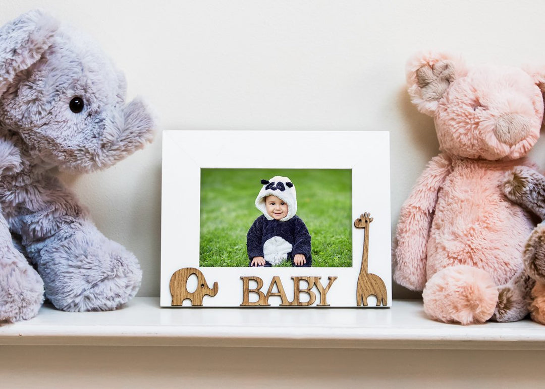Isaac Jacobs Wood Sentiments “Baby” Picture Frame, 4x6 inch, Photo Gift for Family, Tabletop, Desktop Display &amp; Wall Display, Animal Cutout Details (White)