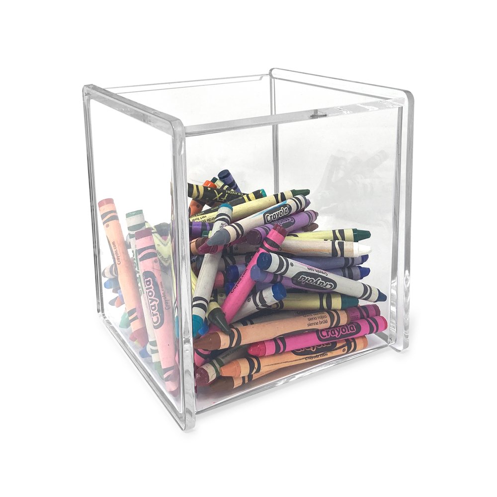 Isaac Jacobs Clear Acrylic Cube Organizer with Lid (5.25" L x 5.25" W x 5.75" H), Stackable, Storage Solution for Makeup, School &amp; Office Supplies &amp; More, for Bathroom, Kitchen, Office
