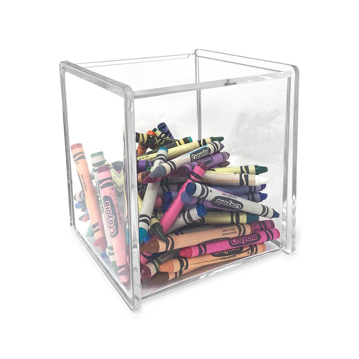 Isaac Jacobs Clear Acrylic Cube Organizer with Lid (5.25" L x 5.25" W x 5.75" H), Stackable, Storage Solution for Makeup, School &amp; Office Supplies &amp; More, for Bathroom, Kitchen, Office