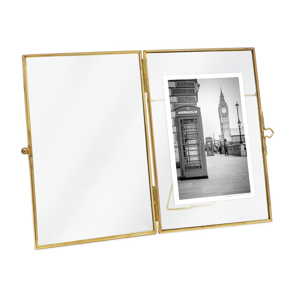 Isaac Jacobs Vintage Style Brass and Glass, Metal Floating Desk Photo Frame with Locket Bead Clasp Closure for Pictures Art, More
