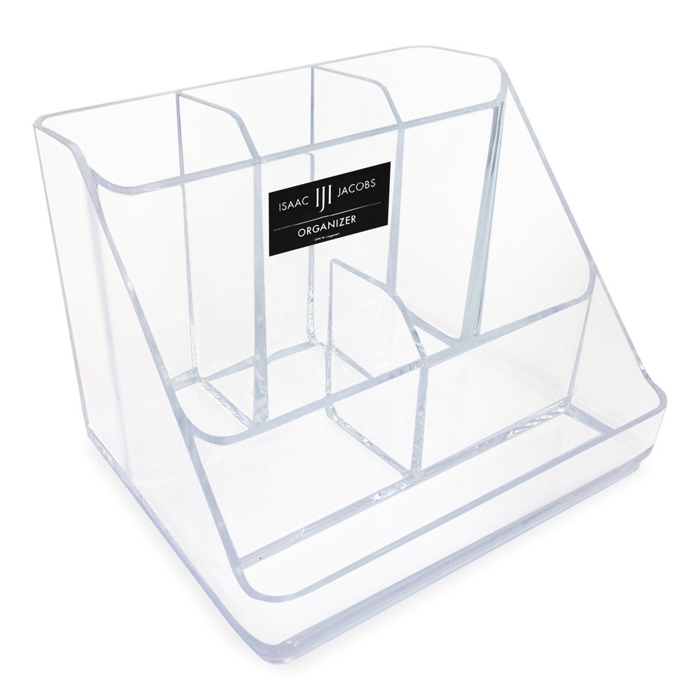 Isaac Jacobs 6-Compartment Clear Acrylic Makeup Organizer & Multi-Sectional Tray, for Cosmetics, Home Office, School & Craft Supplies, Desk, Bathroom Countertop, Vanity & Home Office