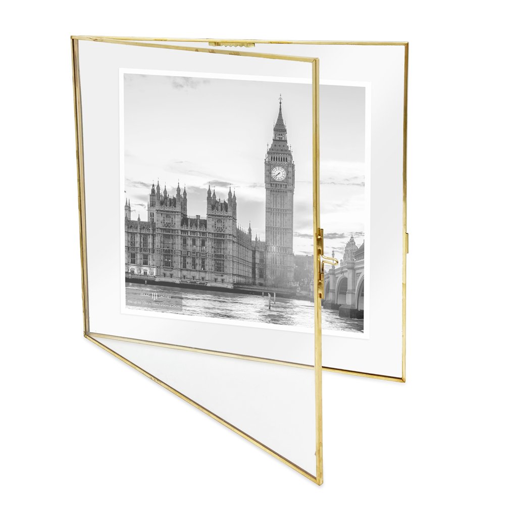 Isaac Jacobs Vintage Style Brass and Glass Hanging Picture Frame, Wall-Mountable, Floating Picture Frame w/ Locket Closure, for Photos, Wall Décor, Art, &amp; More
