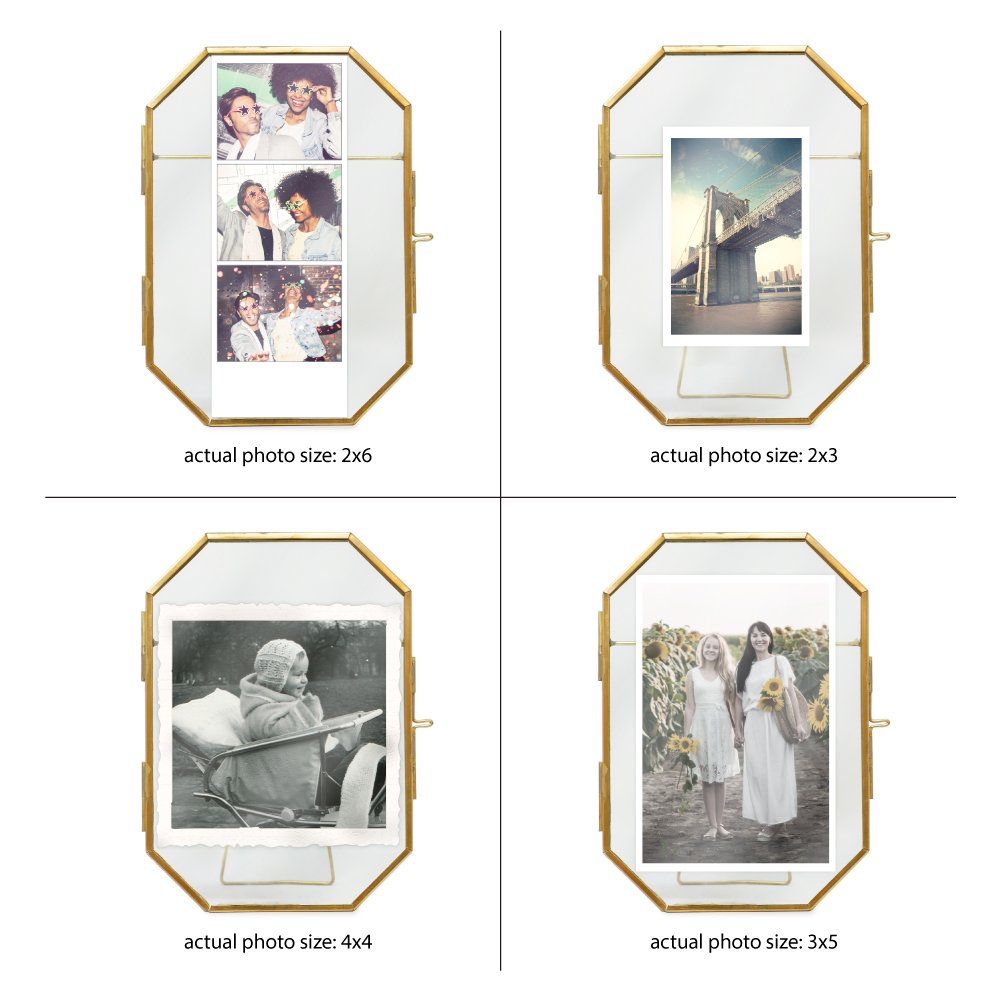 Isaac Jacobs Vintage Style Octagon Brass &amp; Glass, Metal Floating Picture Frame with Locket Closure, Tabletop Display