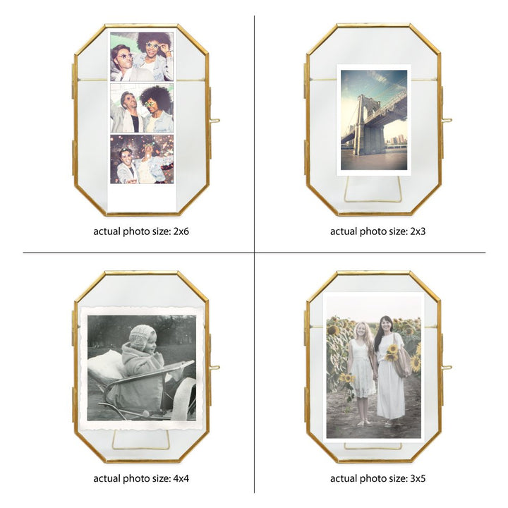 Isaac Jacobs Vintage Style Octagon Brass &amp; Glass, Metal Floating Picture Frame with Locket Closure, Tabletop Display