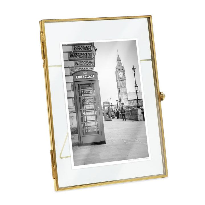 Isaac Jacobs Vintage Style Brass and Glass, Metal Floating Desk Photo Frame with Locket Bead Clasp Closure for Pictures Art, More