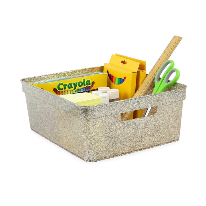 Isaac Jacobs Medium Glitter Storage Bin (14” x 11.5” x 5.5”) Set w/Cut-Out Handles, Plastic Organizer, Multi-Functional, Home Storage Solution, Kids Playroom, Bedroom, Closet