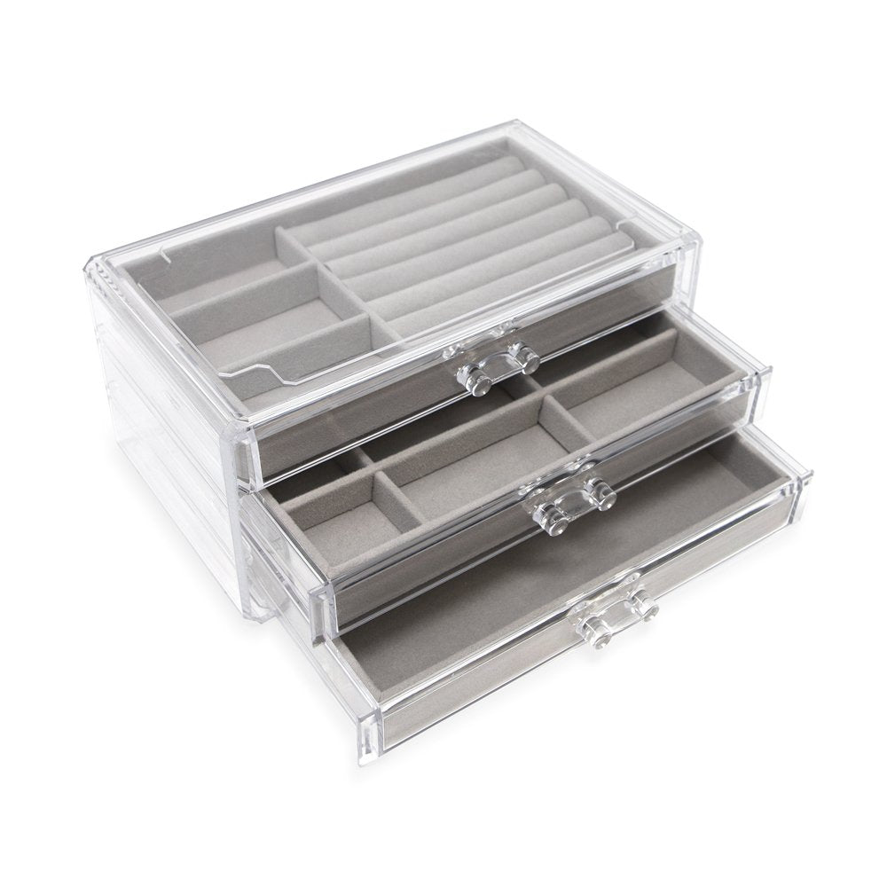 Isaac Jacobs Clear Acrylic 3-Drawer Jewelry Organizer (9.25” x 5.4” x 4.25”) w/ Velvet Lining, Stackable Storage Box For Necklaces, Bracelets, Earrings, Watches &amp; Rings, Tabletop Display Case