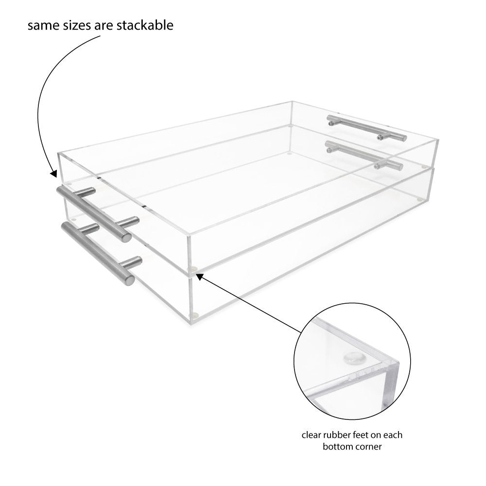Isaac Jacobs Clear Acrylic Serving Tray with Metal Handles, Spill-Proof, Stackable Organizer, Space-Saver, Food &amp; Drinks Server, Indoors/Outdoors, Lucite Storage Décor &amp; More