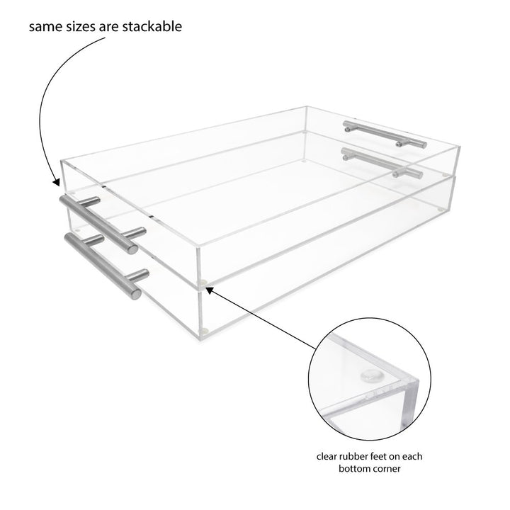 Isaac Jacobs Clear Acrylic Serving Tray with Metal Handles, Spill-Proof, Stackable Organizer, Space-Saver, Food &amp; Drinks Server, Indoors/Outdoors, Lucite Storage Décor &amp; More