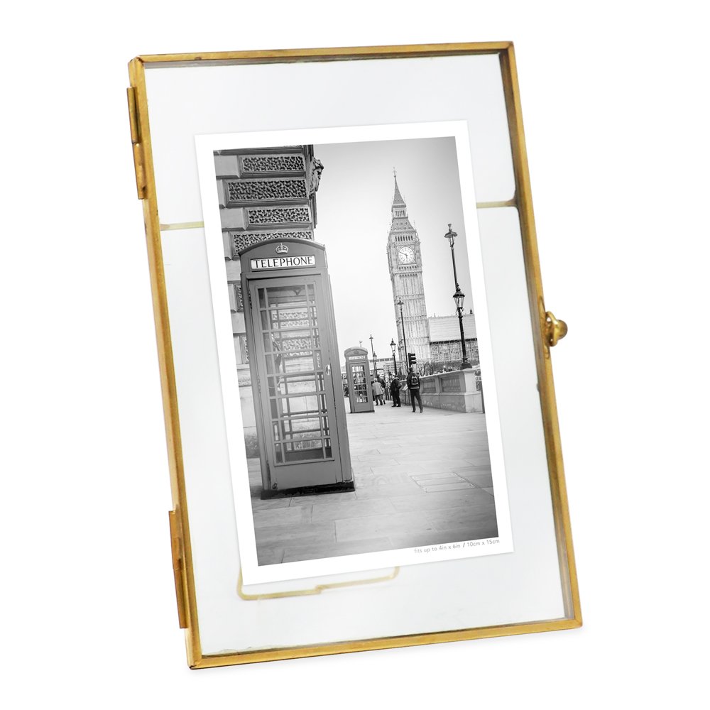Isaac Jacobs Vintage Style Brass and Glass, Metal Floating Desk Photo Frame with Locket Bead Clasp Closure for Pictures Art, More