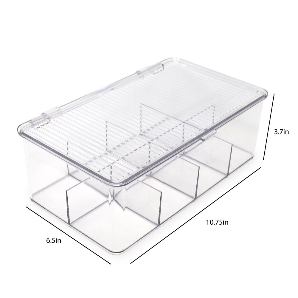 Isaac Jacobs Divided Clear Plastic Organizer (10.75” x 6.5” x 3.7”) w/ Hinged Lid, Stackable Storage Box for Tea Bags, Crafts, Office Supplies, Cosmetics, Jewelry, BPA-Free, Food Safe Pantry Container