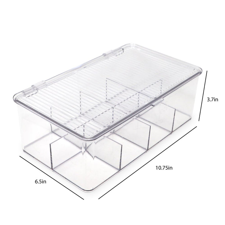Isaac Jacobs Divided Clear Plastic Organizer (10.75” x 6.5” x 3.7”) w/ Hinged Lid, Stackable Storage Box for Tea Bags, Crafts, Office Supplies, Cosmetics, Jewelry, BPA-Free, Food Safe Pantry Container