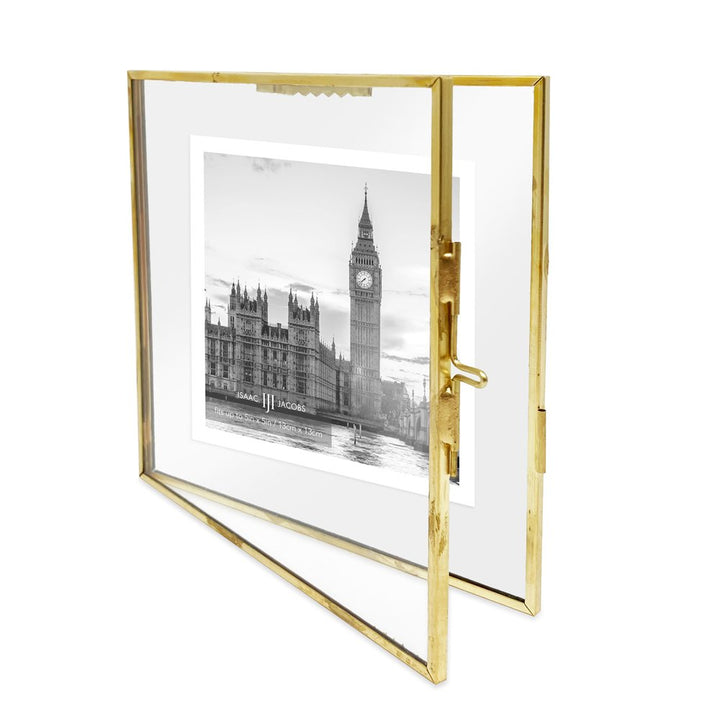 Isaac Jacobs Vintage Style Brass and Glass Hanging Picture Frame, Wall-Mountable, Floating Picture Frame w/ Locket Closure, for Photos, Wall Décor, Art, &amp; More