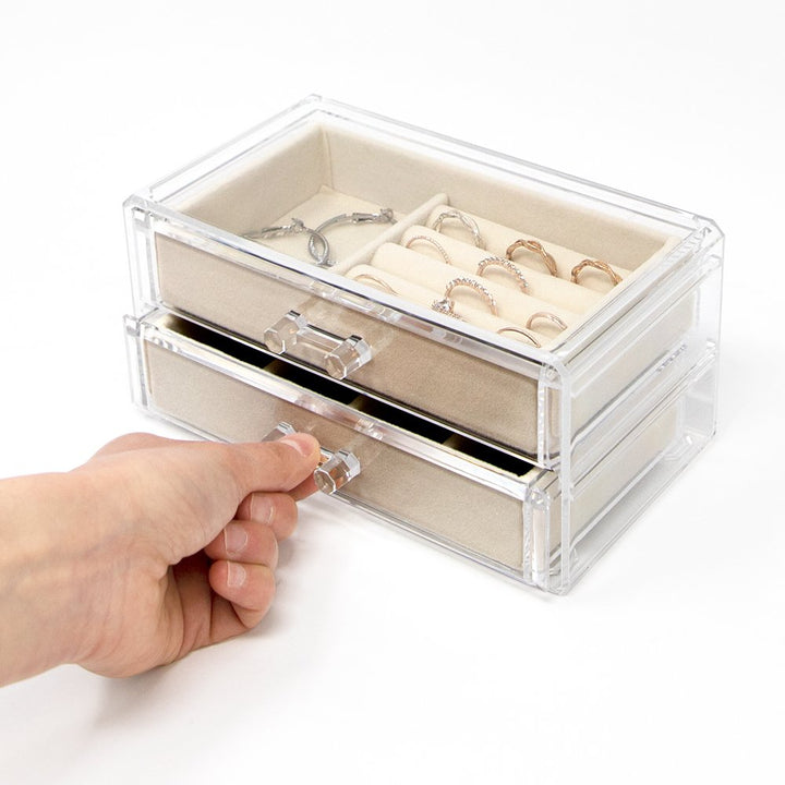 Isaac Jacobs Clear Acrylic 2-Drawer Jewelry Organizer (7.4” x 4.5” x 3.5”) w/ Velvet Lining, Stackable Storage Box For Rings, Necklaces, Bracelets, Earrings &amp; Watches, Tabletop Display Case