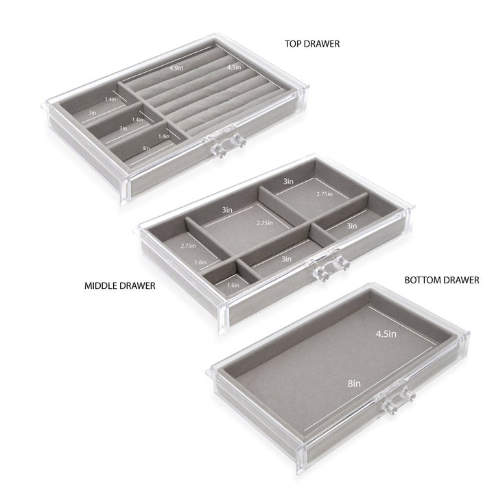 Isaac Jacobs Clear Acrylic 3-Drawer Jewelry Organizer (9.25” x 5.4” x 4.25”) w/ Velvet Lining, Stackable Storage Box For Necklaces, Bracelets, Earrings, Watches &amp; Rings, Tabletop Display Case