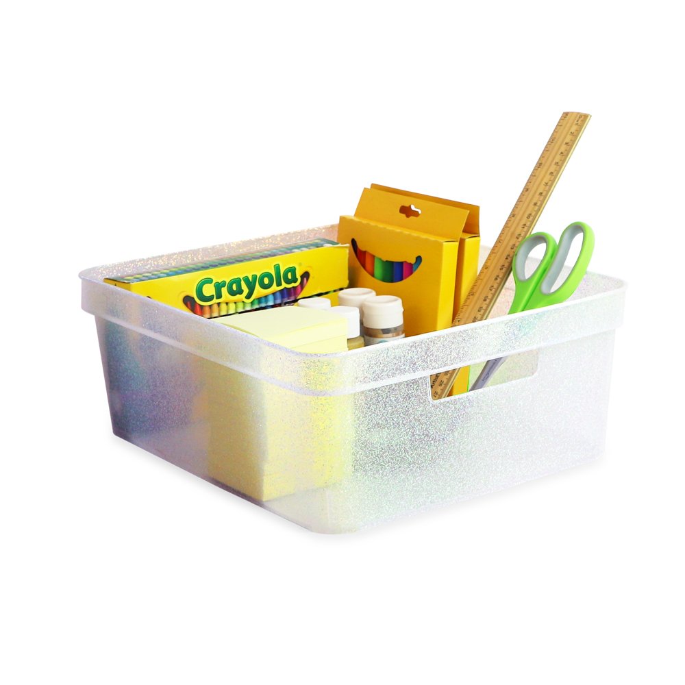 Isaac Jacobs Medium Glitter Storage Bin (14” x 11.5” x 5.5”) Set w/Cut-Out Handles, Plastic Organizer, Multi-Functional, Home Storage Solution, Kids Playroom, Bedroom, Closet