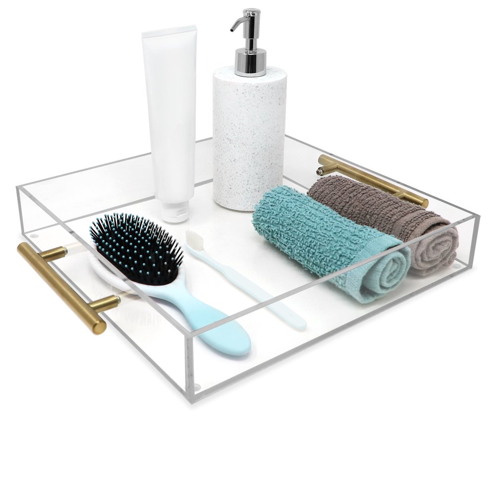 Isaac Jacobs Clear Acrylic Serving Tray with Metal Handles, Spill-Proof, Stackable Organizer, Space-Saver, Food &amp; Drinks Server, Indoors/Outdoors, Lucite Storage Décor &amp; More