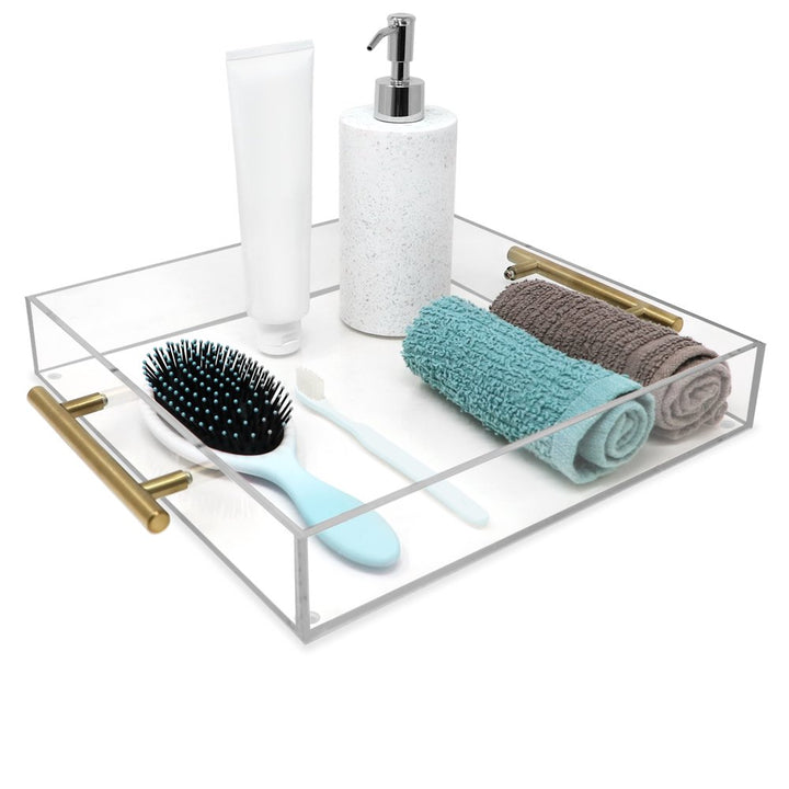 Isaac Jacobs Clear Acrylic Serving Tray with Metal Handles, Spill-Proof, Stackable Organizer, Space-Saver, Food &amp; Drinks Server, Indoors/Outdoors, Lucite Storage Décor &amp; More